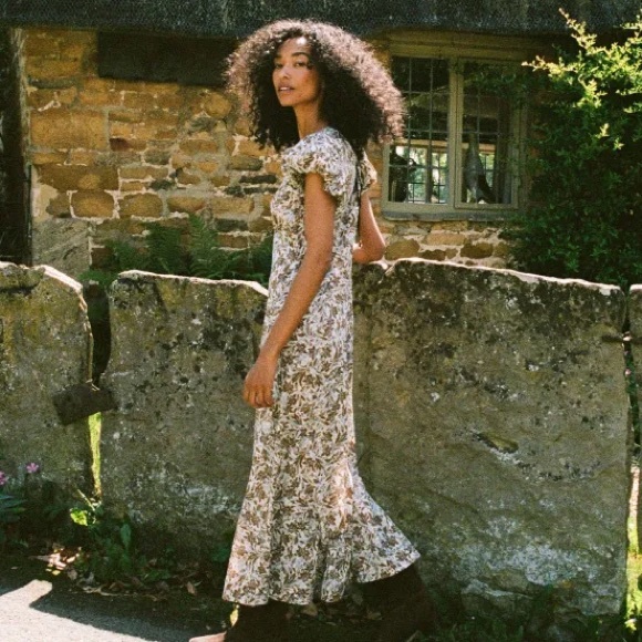 Doen Rhodia Cotton Puff Short Sleeve Maxi Midi Dress Blanc Narcissus Floral - Picture 5 of 16